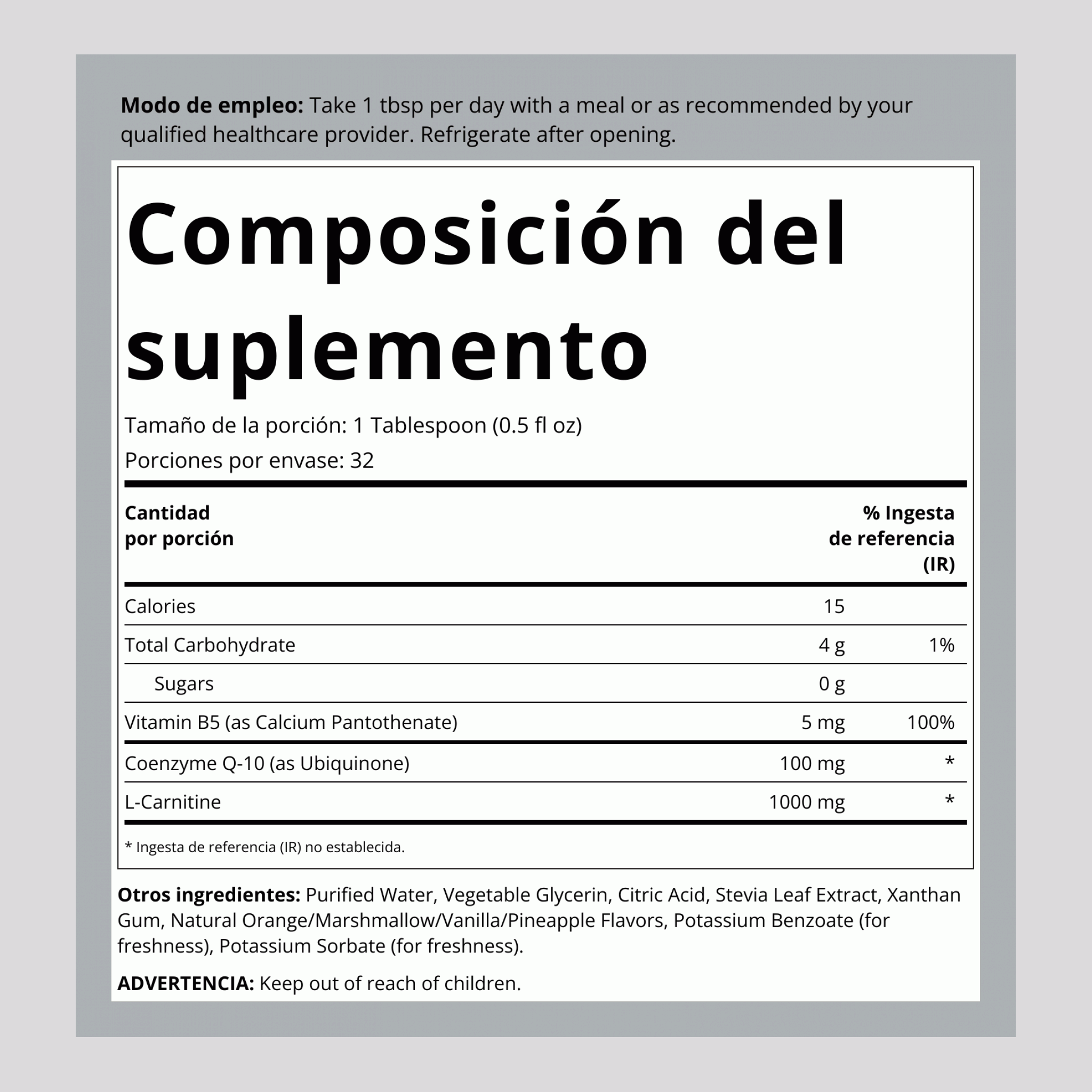 CoQ10 con L-carnitina en líquido (vainilla y naranja) 16 fl oz Botella/Frasco      