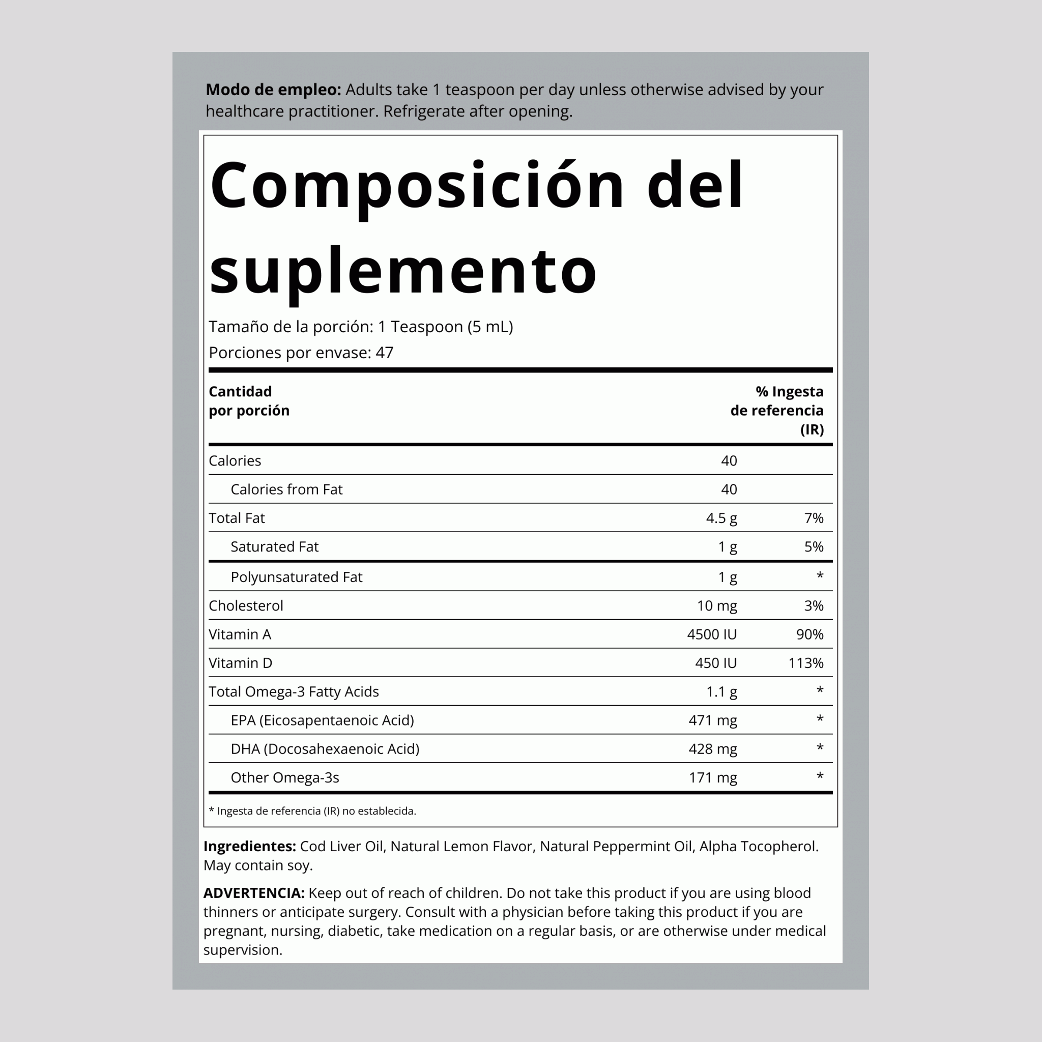 Suplemento líquido con aceite de hígado de bacalao islandés Olde World (sabor a limón y menta) 8 fl oz 236 mL Botella/Frasco    