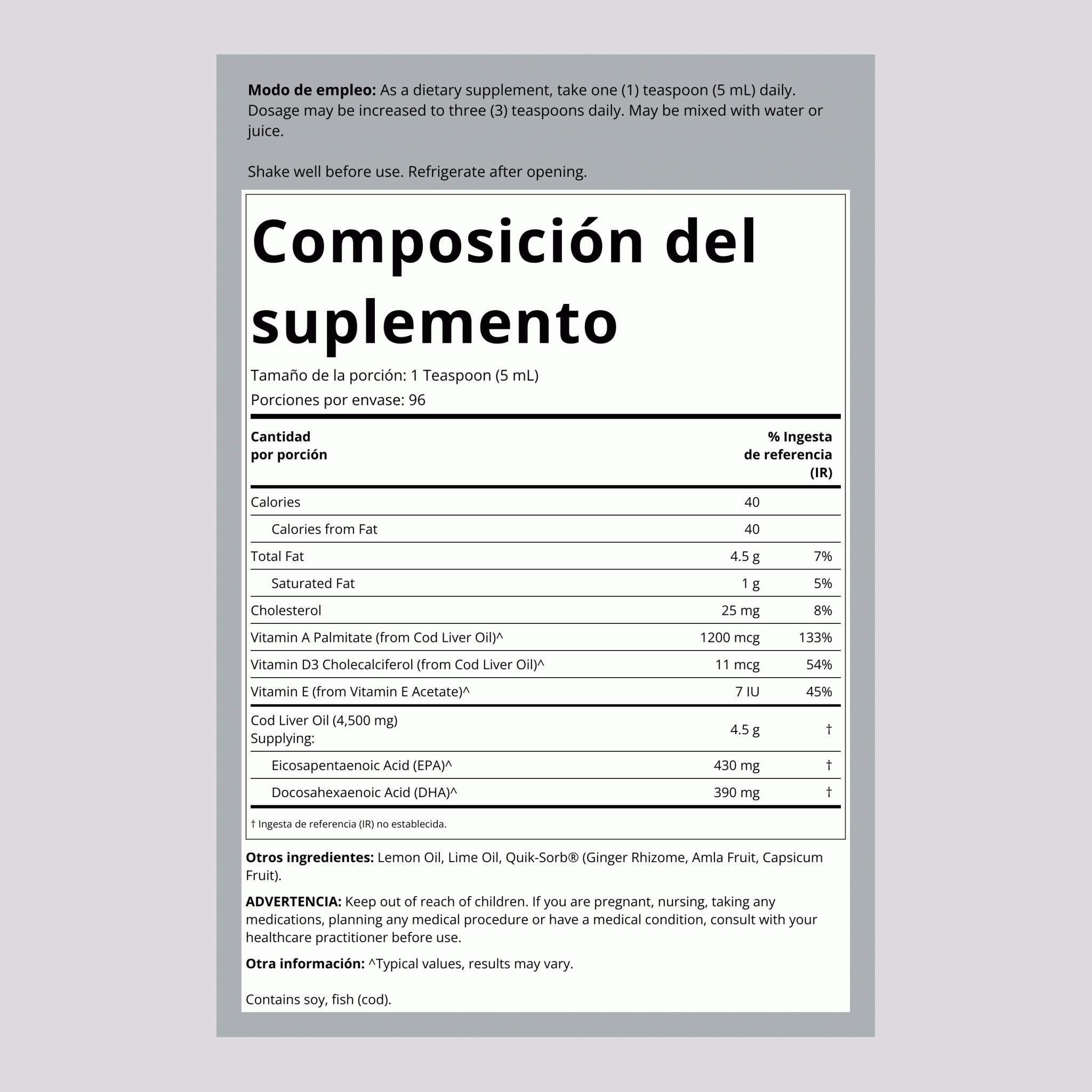 Suplemento líquido con aceite de hígado de bacalao noruego (sabor a lima-limón) 16 fl oz 480 mL Botella/Frasco    