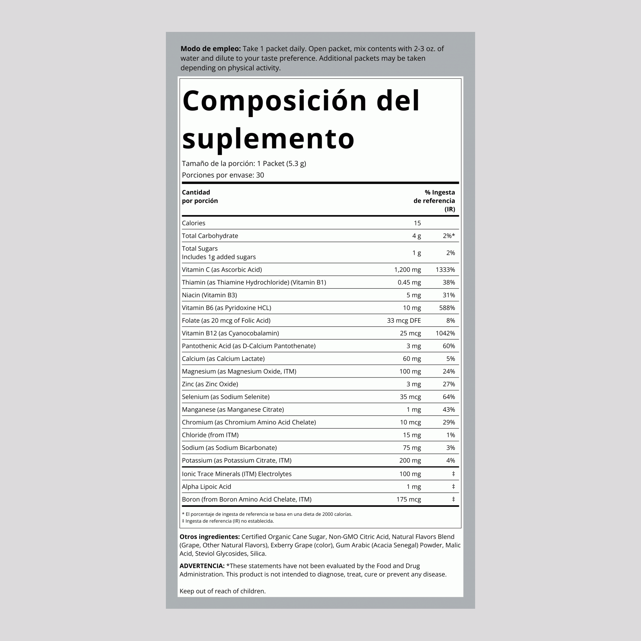 Vitamina C en polvo Power Pak (Sabor Concord Grape) 1200 mg 30 Paquetes     