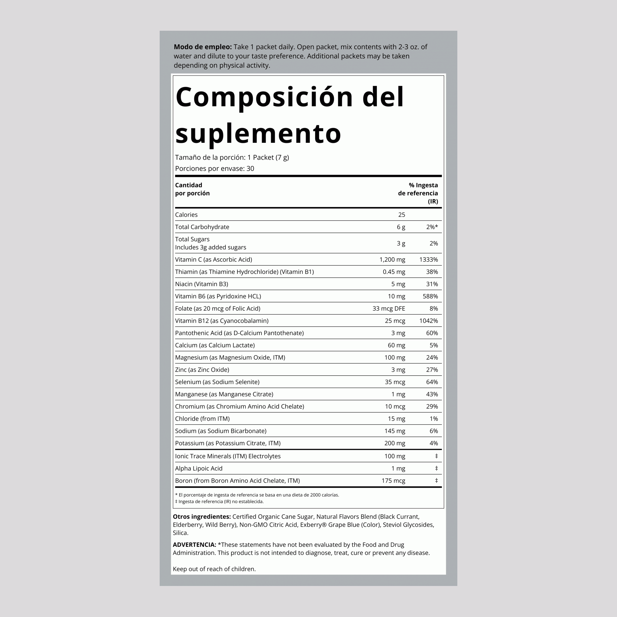 Vitamina C en polvo Power Pak (Sabor a surtido de bayas) 1200 mg 30 Paquetes     