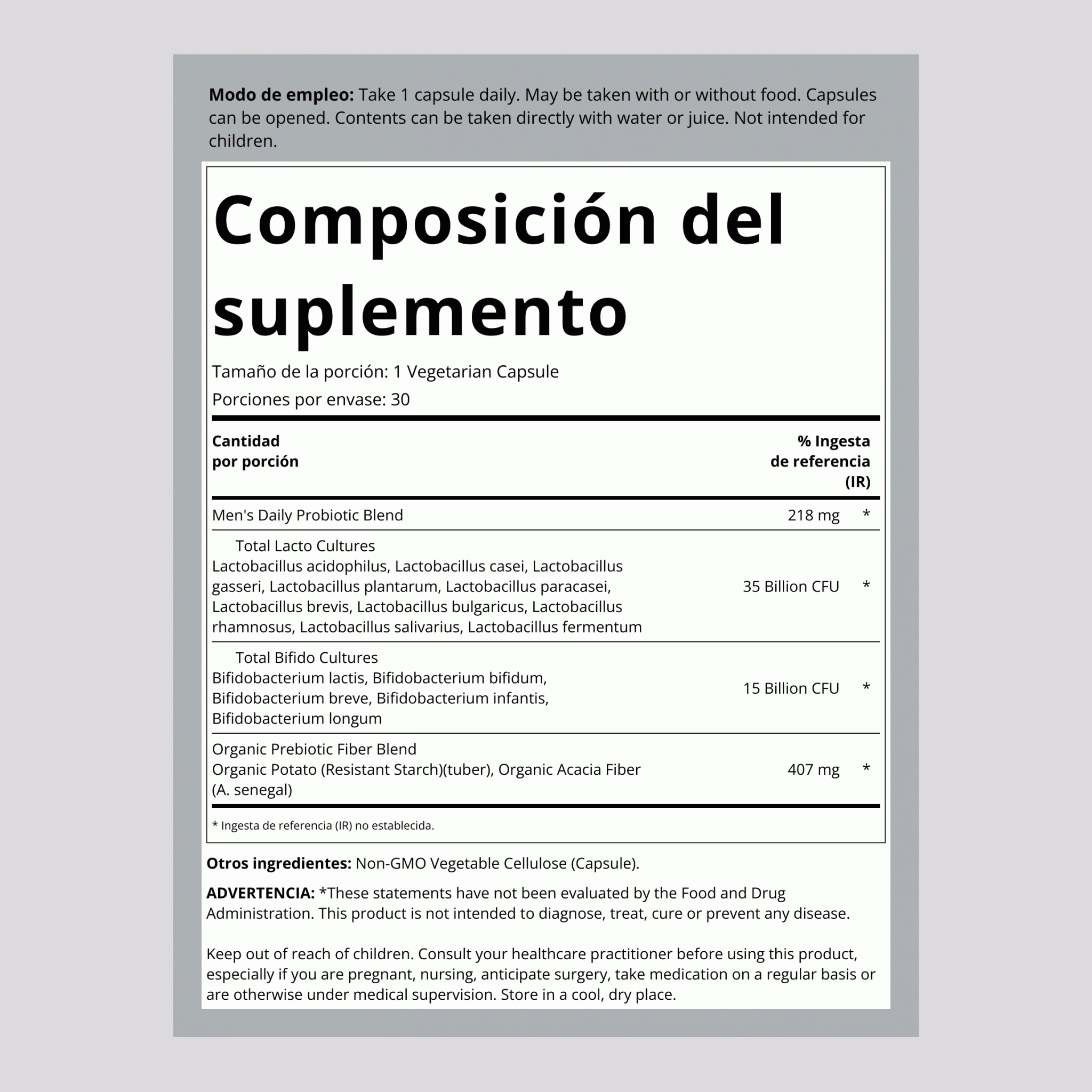 Probióticos para hombres Dr. Formulated, 50 Mil millones CFU 30 Cápsulas vegetarianas     