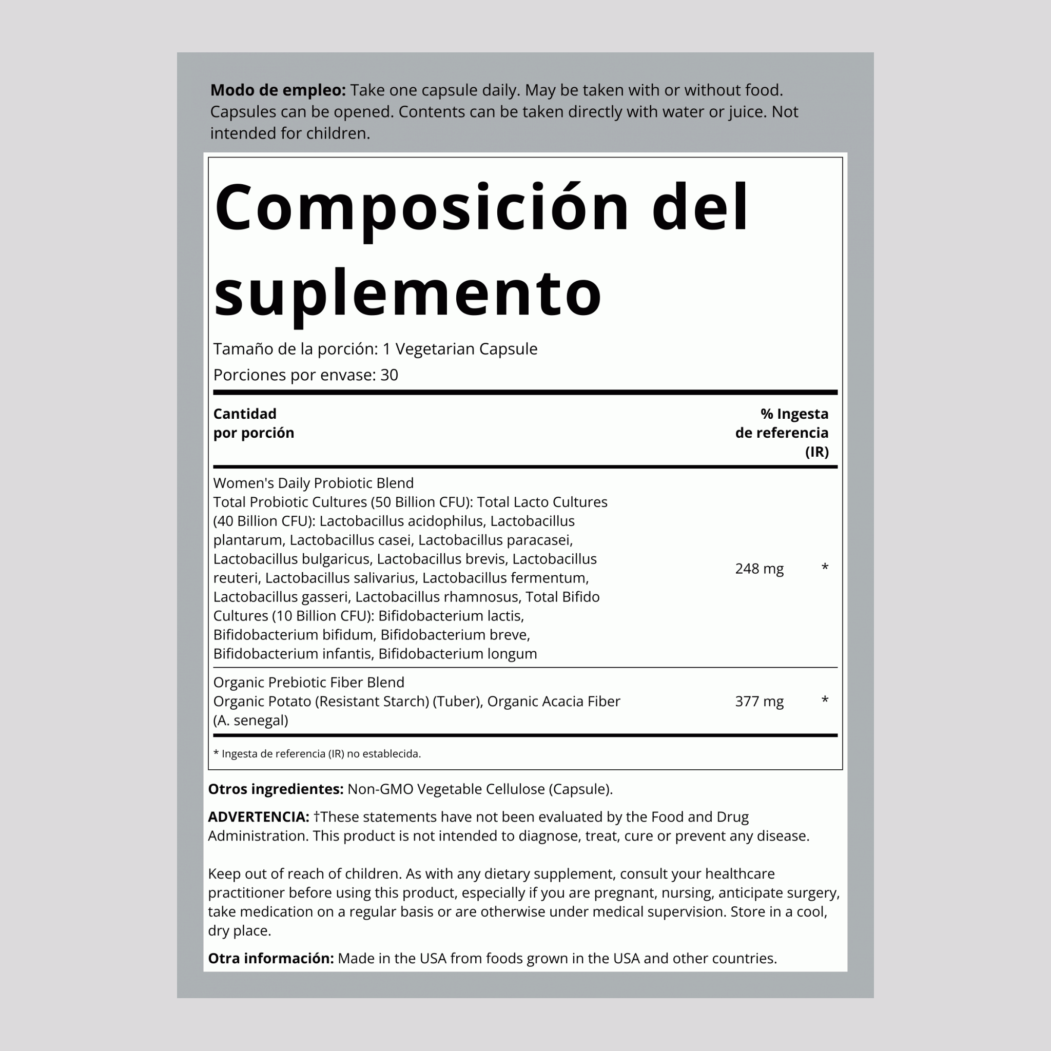 Probióticos para mujeres Dr. Formulated, 50 Mil millones CFU 30 Cápsulas vegetarianas     