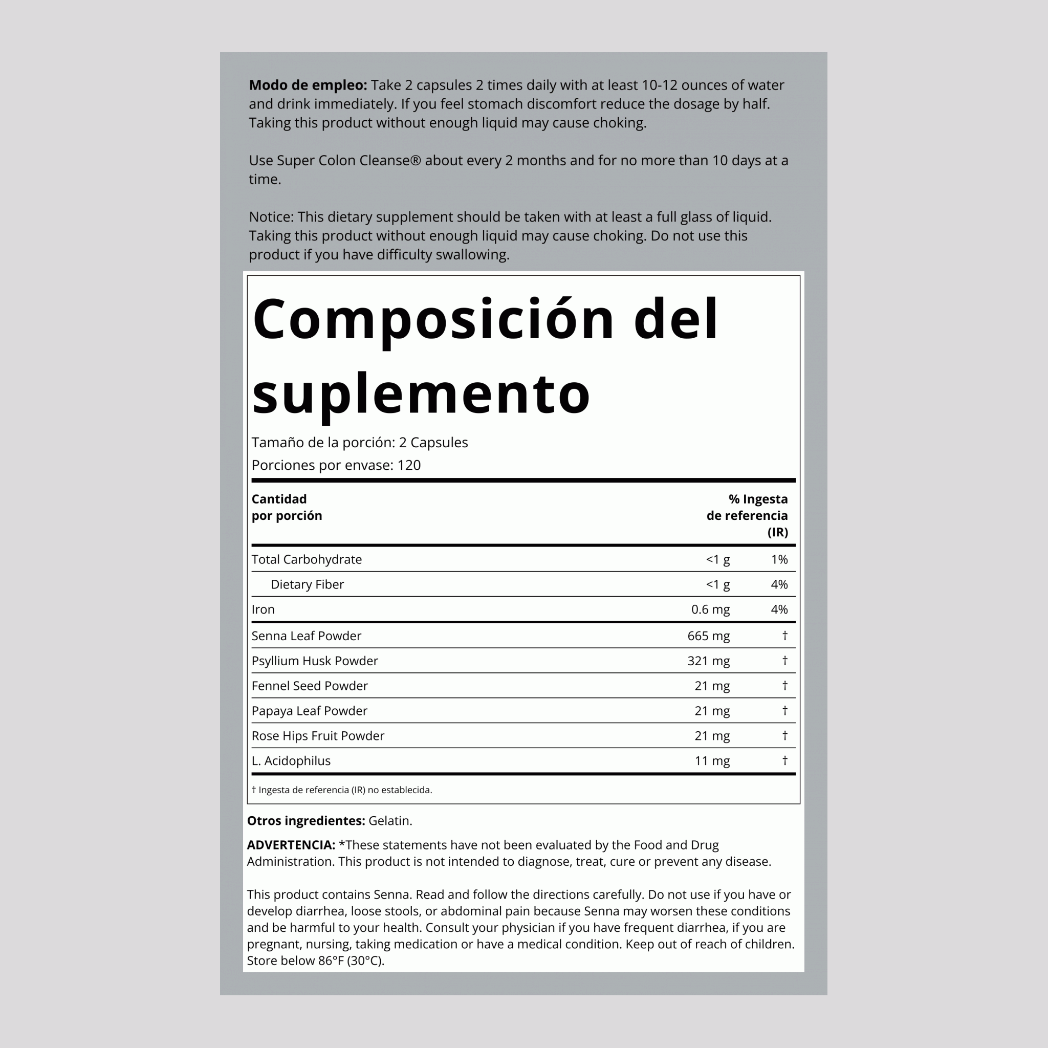 Fórmula para limpieza de colon Super Colon Cleanse 240 Cápsulas       