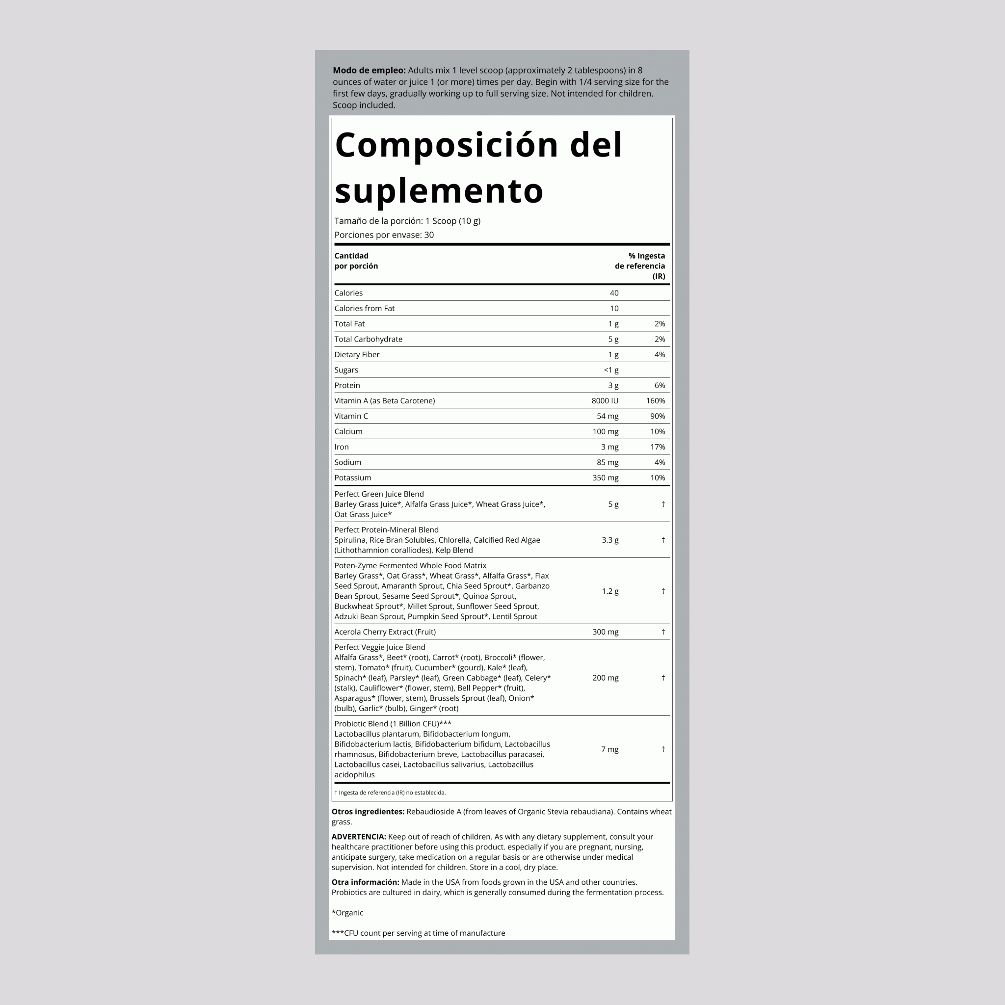 Superfórmula verde Perfect Food Polvo 10.58 oz 300 g Botella/Frasco    