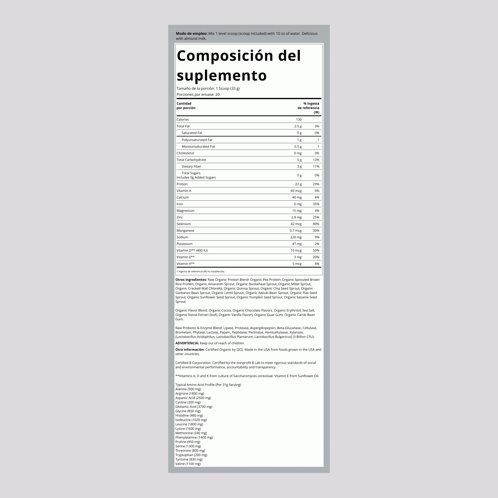 Proteína vegetal en polvo Raw Organic (sabor a chocolate) 23.28 oz 660 g Botella/Frasco    