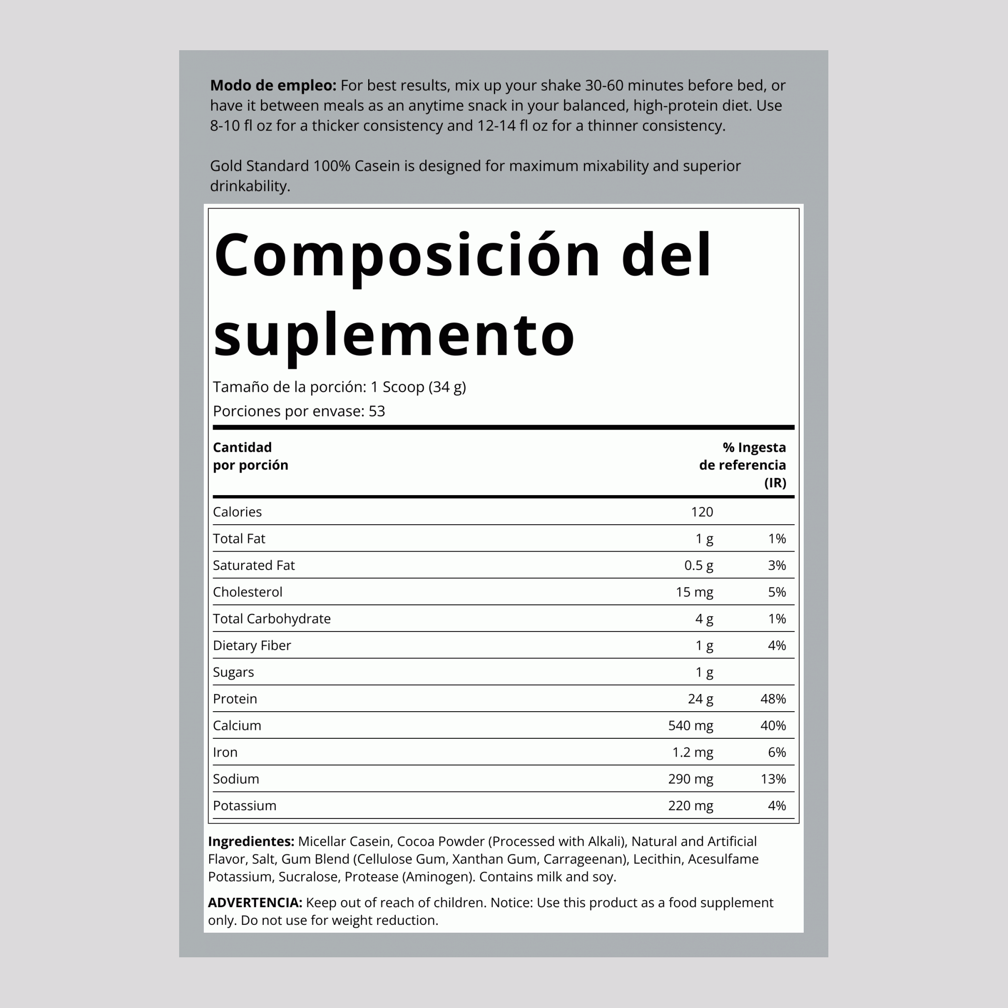 Proteína caseína en polvo Gold Standard 100% (sabor Chocolate Supreme) 4 lb 1.81 Kg Botella/Frasco    