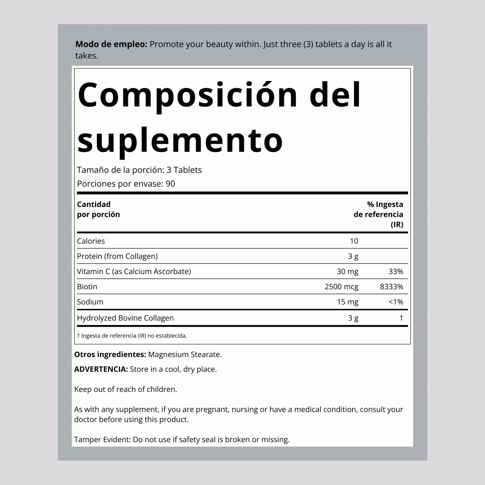 Colágeno (tipos I y III) + Vitamina C 250 Tabletas       