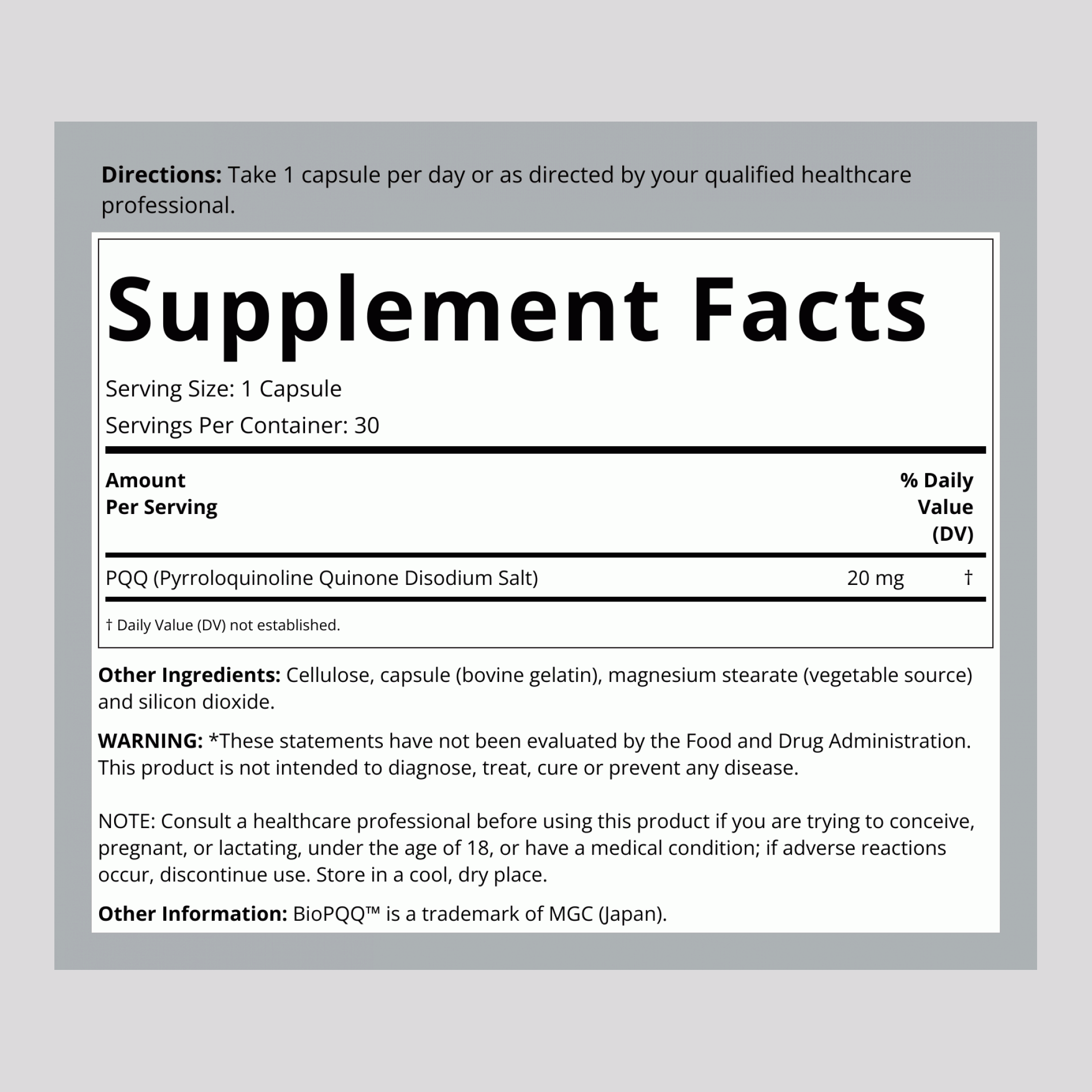 PQQ, 20 mg, 30 Capsules