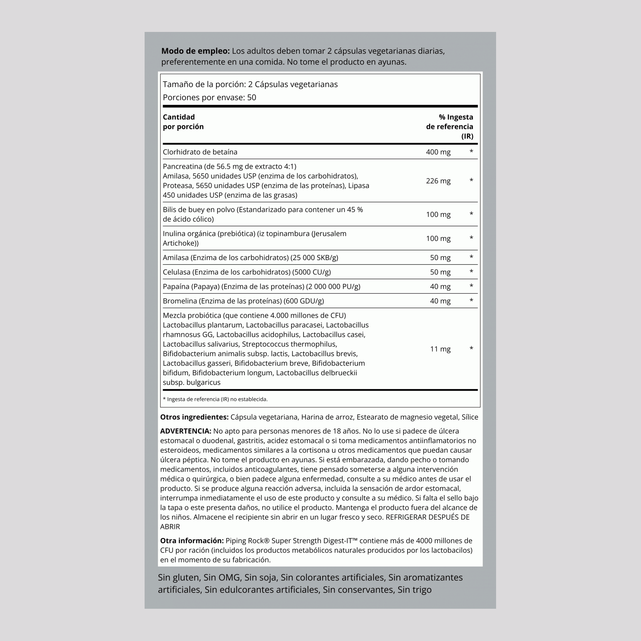 Fórmula multienzimática ultrapotente Digest-IT, con probióticos 100 Cápsulas de liberación rápida       