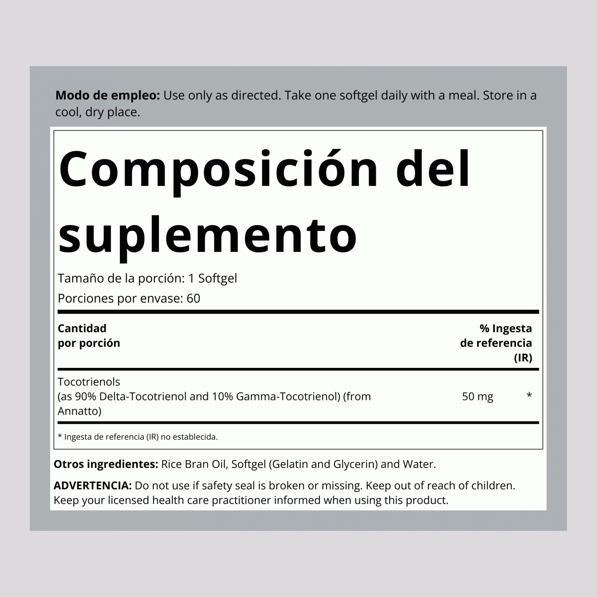 Vitamina E Tocotrienoles 50 mg, sin soya 60 Perlas       