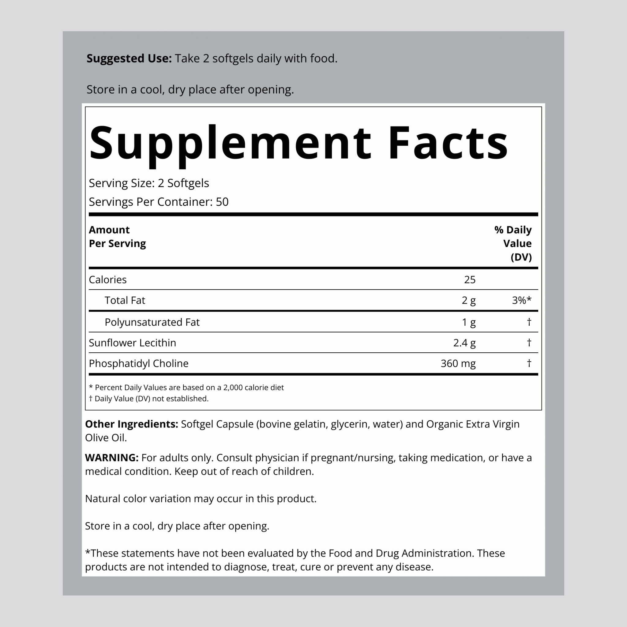 Sunflower Lecithin - NON GMO, 1200 mg, 100 Softgels