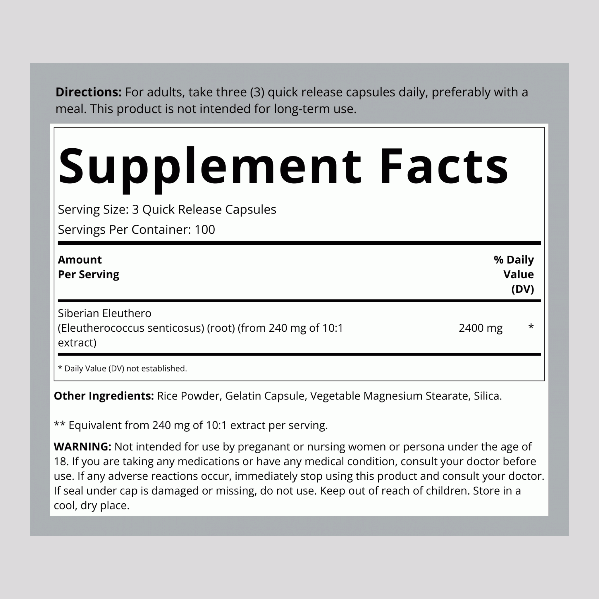 Siberian Eleuthero, 2400 mg (per serving), 300 Quick Release Capsules