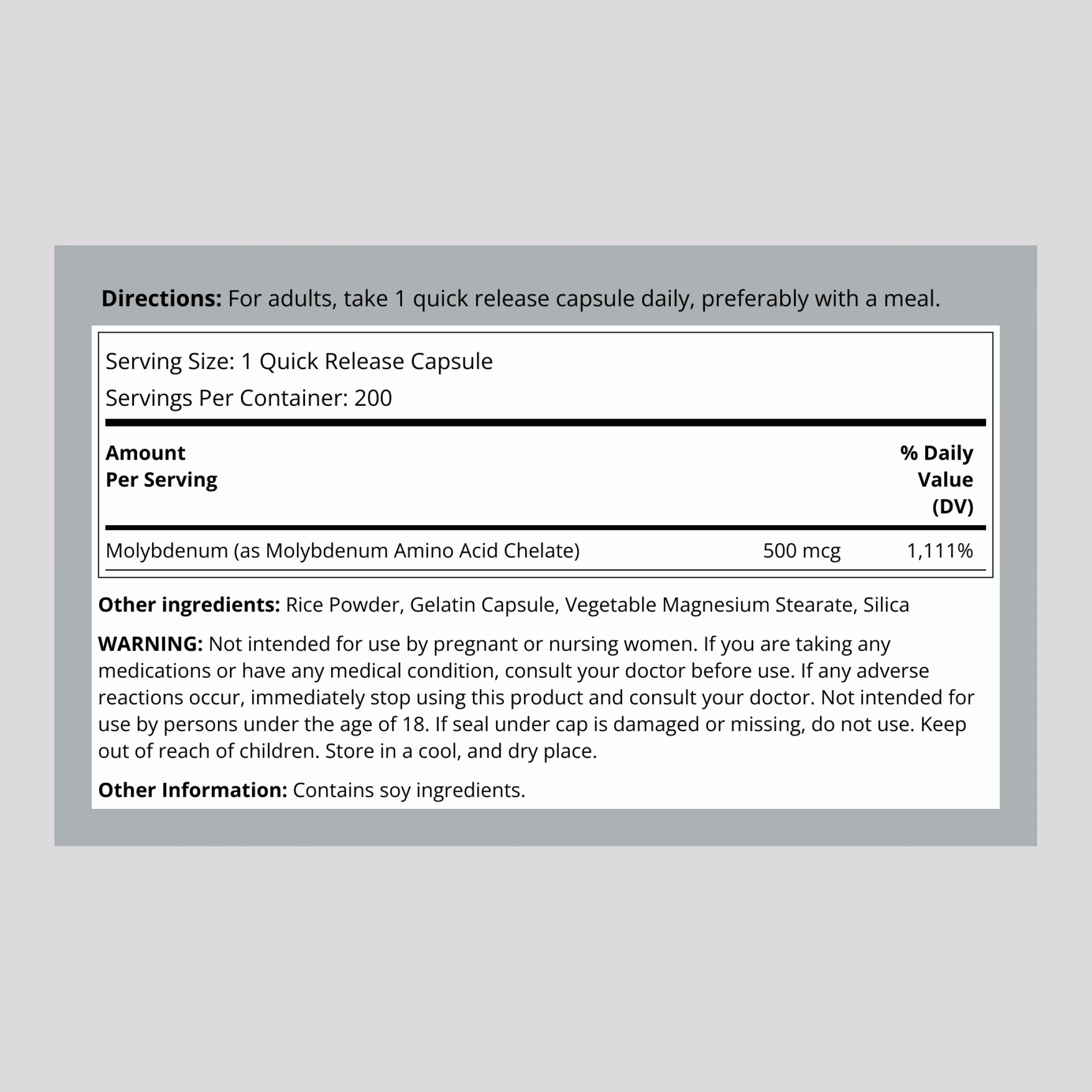 Molybdenum, 500 mcg, 200 Quick Release Capsules