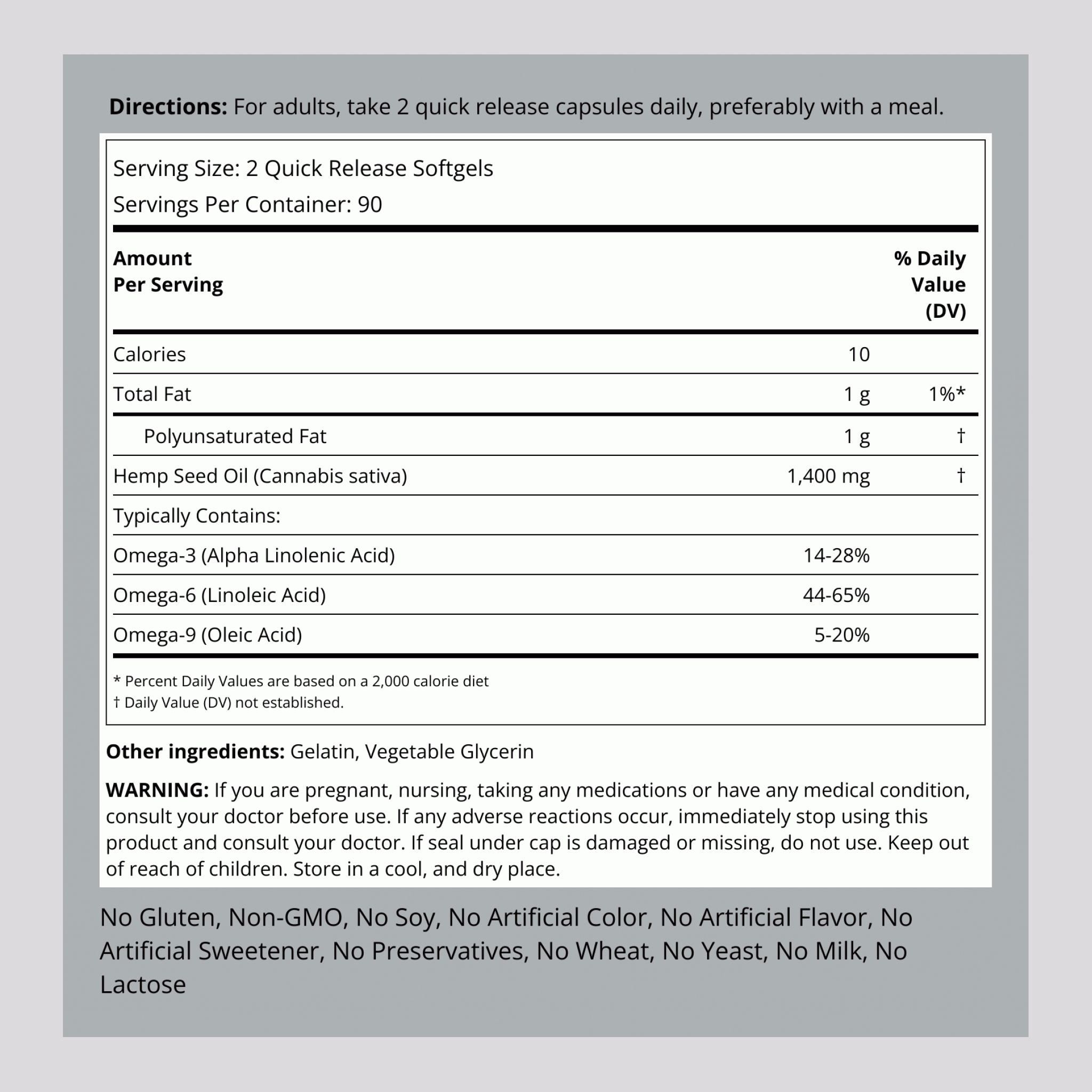 Hemp Seed Oil (Cold Pressed), 1400 mg (per serving), 180 Quick Release Softgels