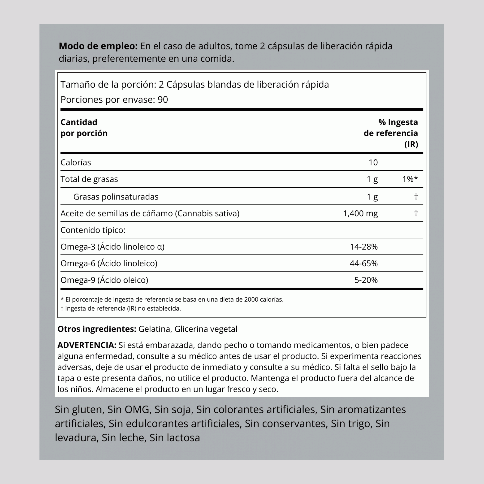 Aceite de semilla de cáñamo (prensado en frío) 1400 mg (por porción) 180 Cápsulas blandas de liberación rápida     