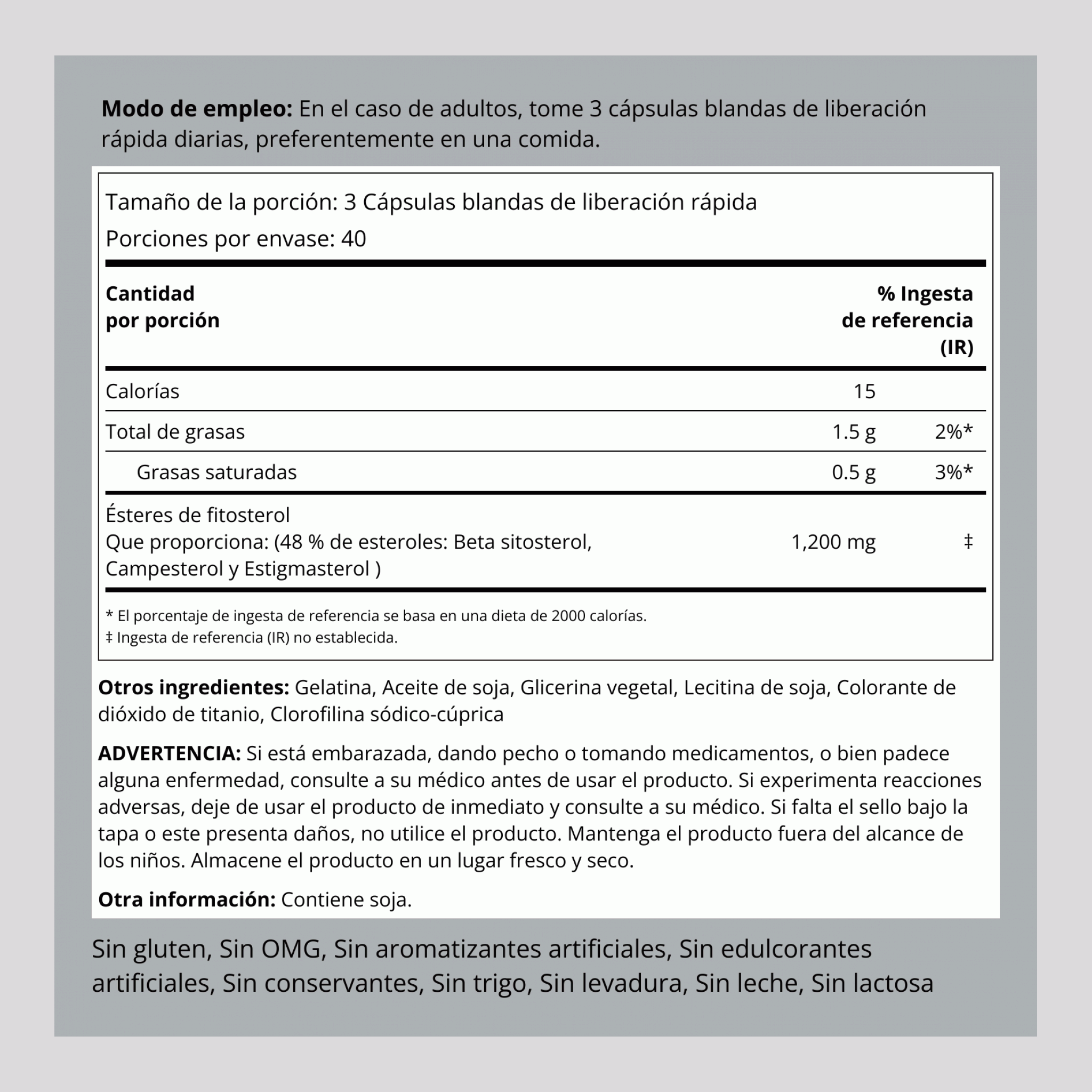 Complejo de esteroles vegetalescon beta-sitosterol 1200 mg (por dosis) 120 Cápsulas de liberación rápida       