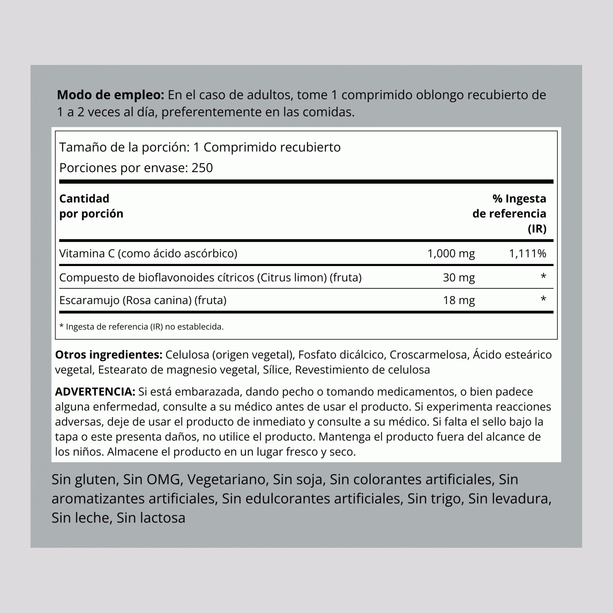 Vitamina C 1000mg con bioflavonoides y escaramujos 250 Comprimidos recubiertos       