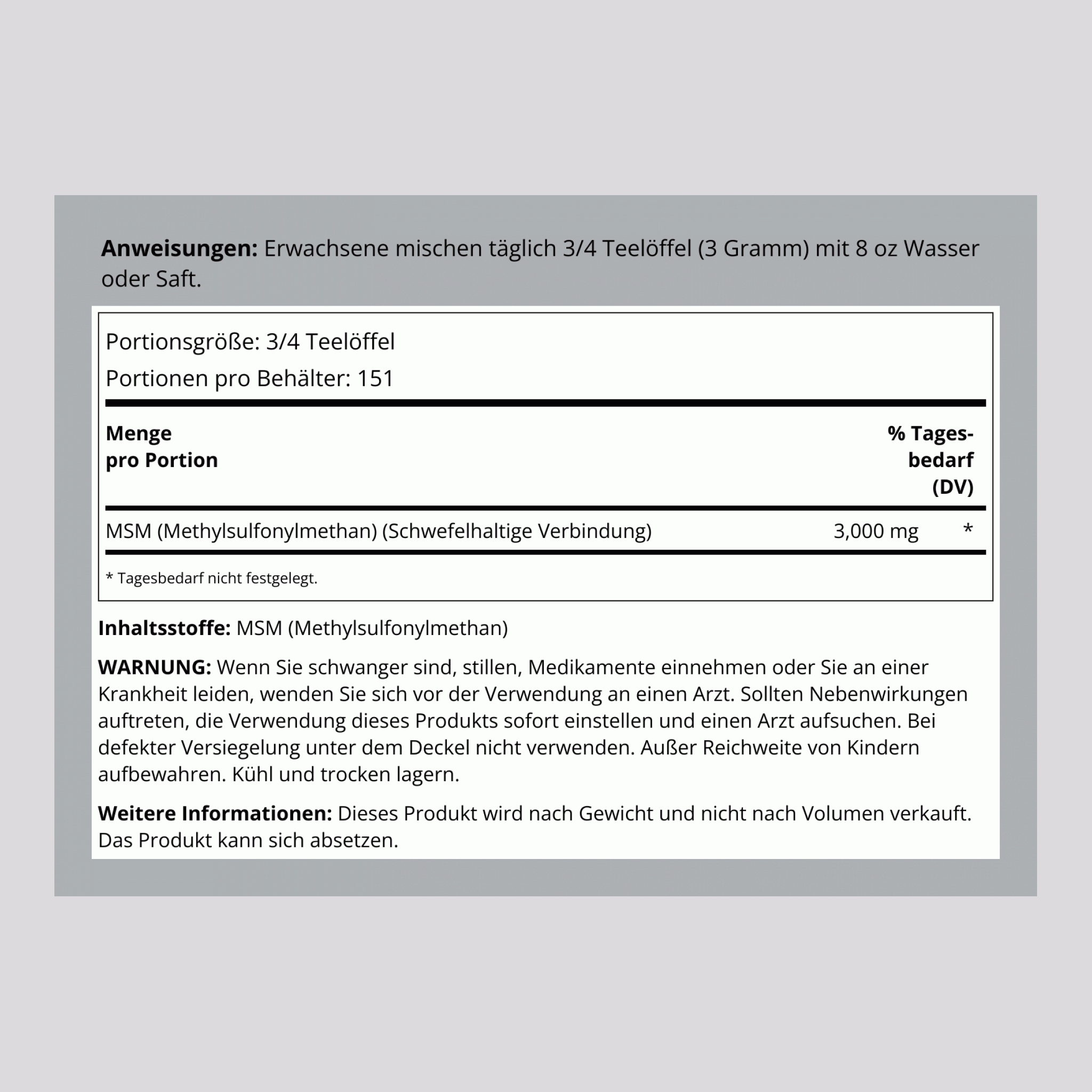 MSM + Sulfur Powder, 3000 mg (per serving), 16 oz (454 g) Bottle