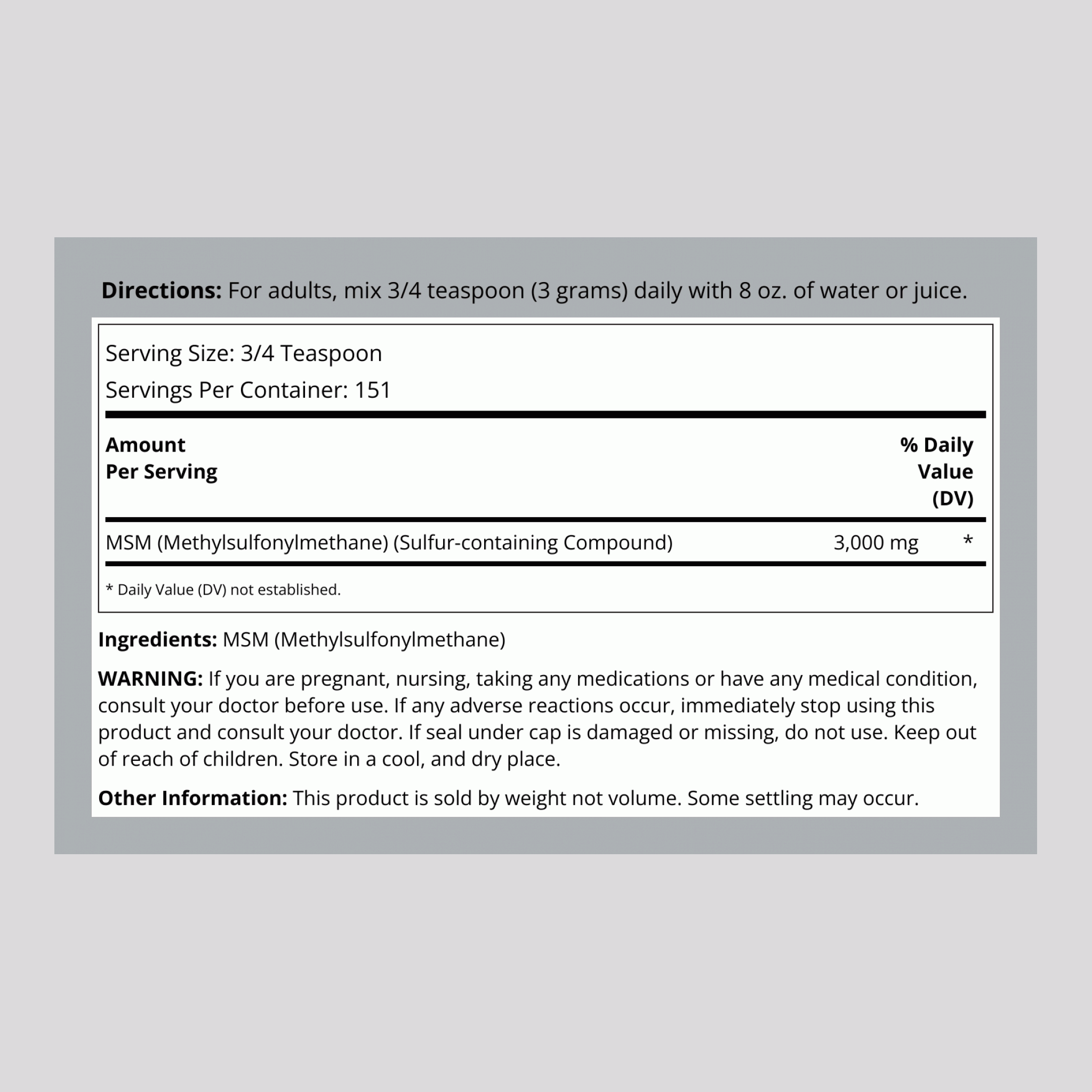 MSM + Sulfur Powder, 3000 mg (per serving), 16 oz (454 g) Bottle