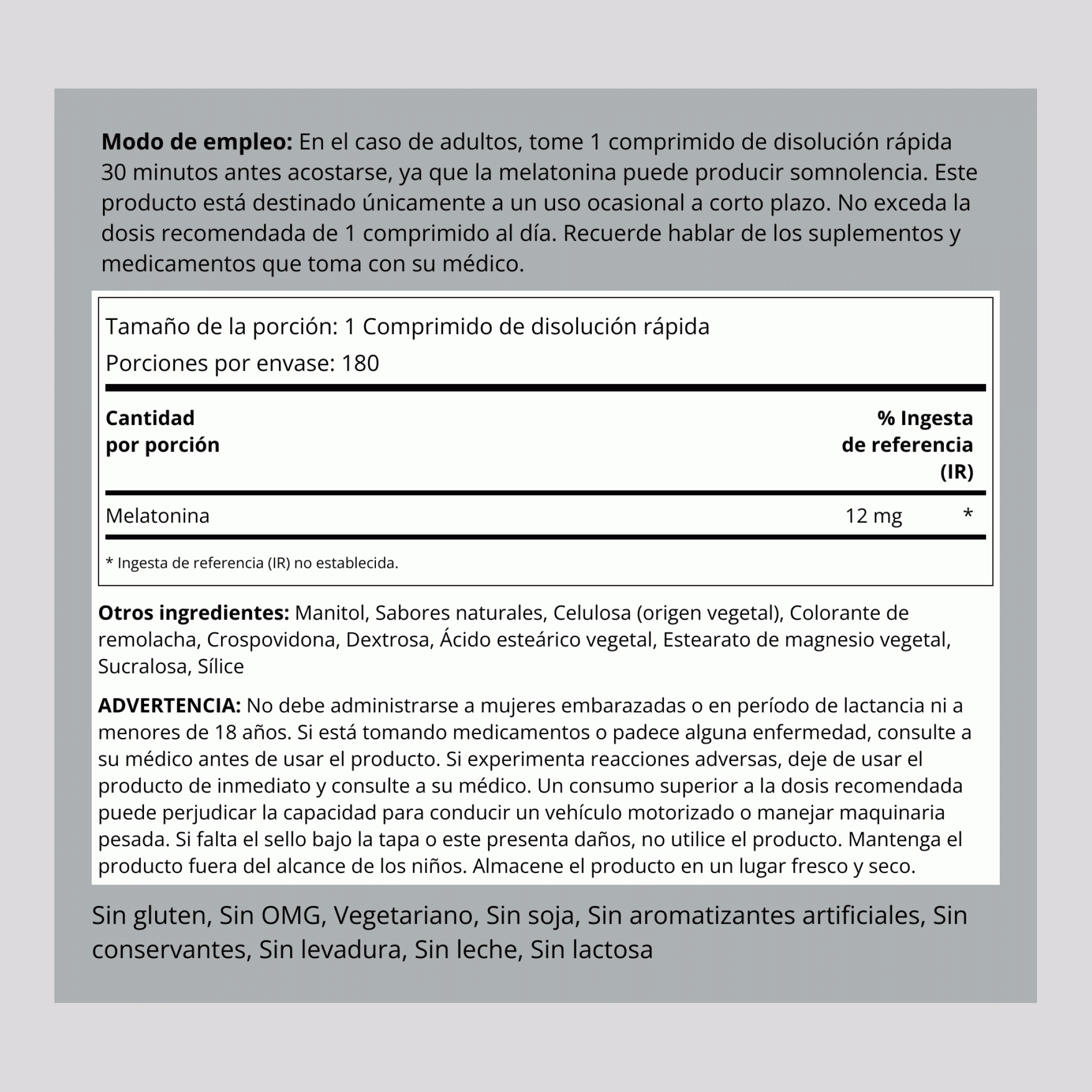 Melatonia - Rápida disolución 12 mg 180 Pastillas de rápida disolución     