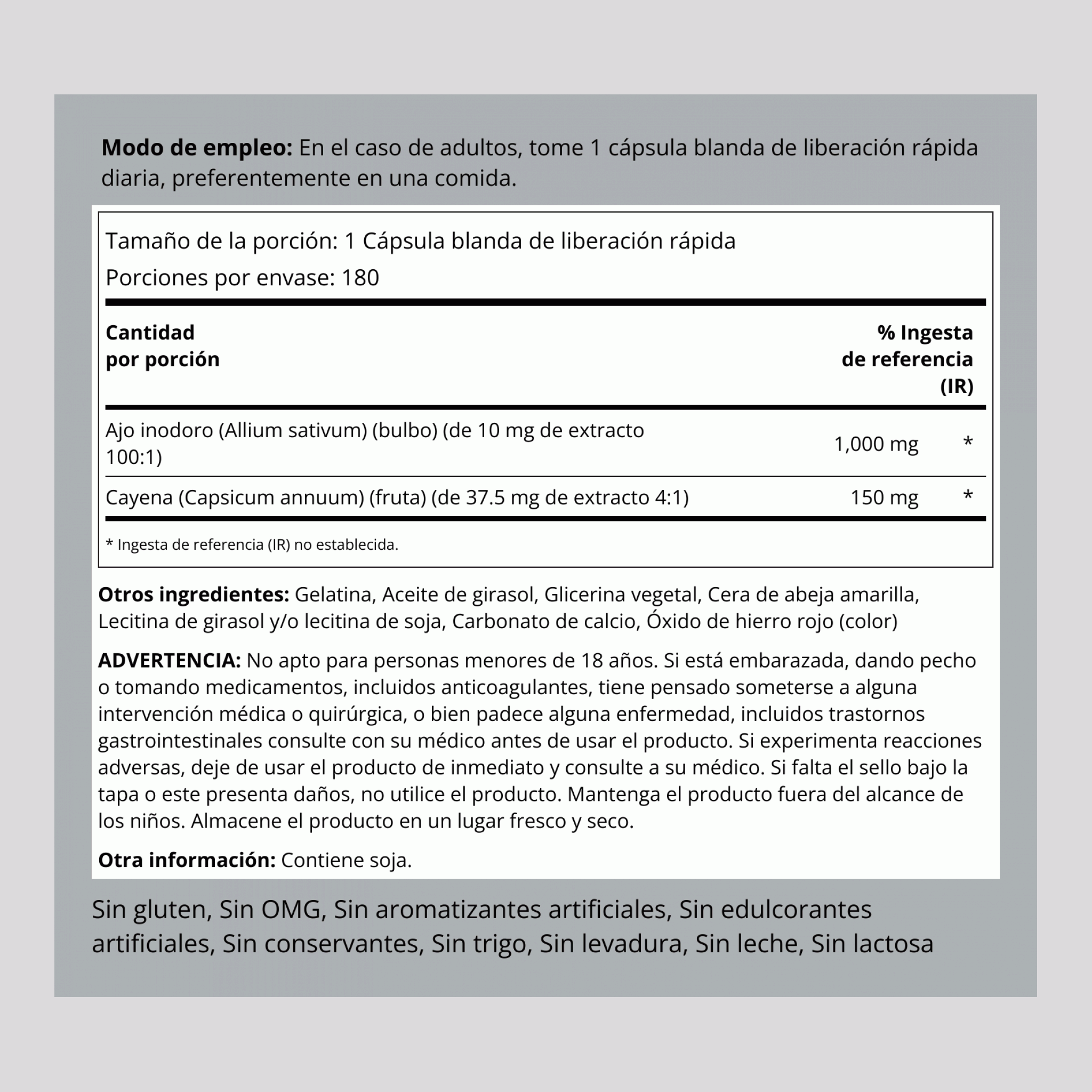 Ajo 1000 mg y cayena 150 mg 180 Cápsulas blandas de liberación rápida       