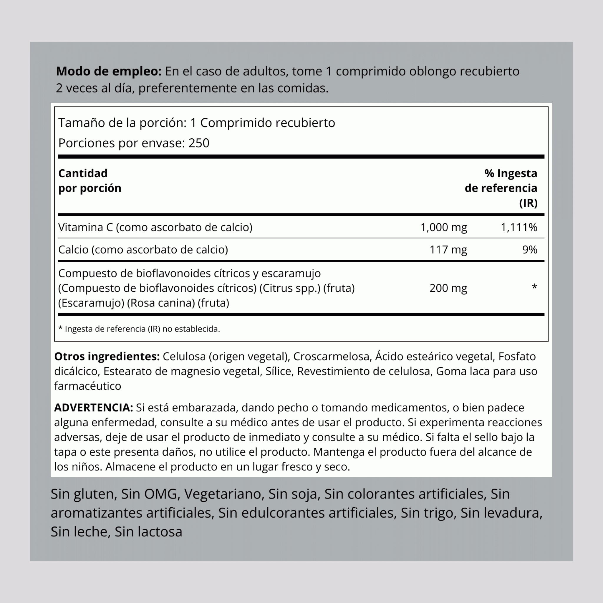 Vitamina C amortiguada (1000 mg) con bioflavonoides y escaramujo 250 Comprimidos recubiertos       