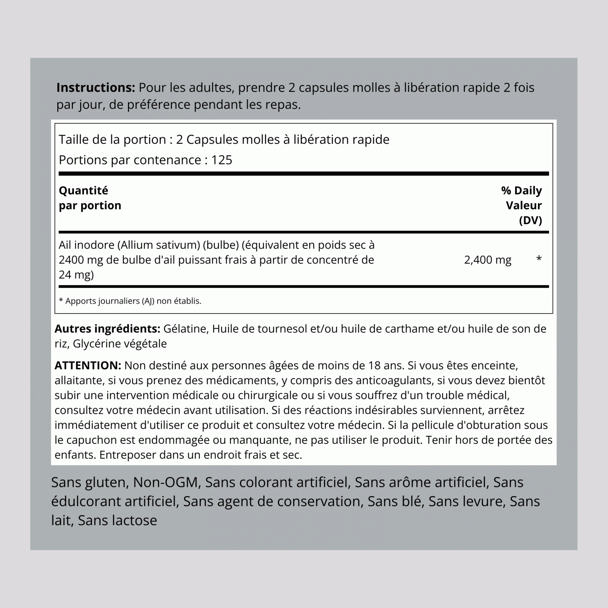 Odorless Garlic, 2400 mg (per serving), 250 Quick Release Softgels