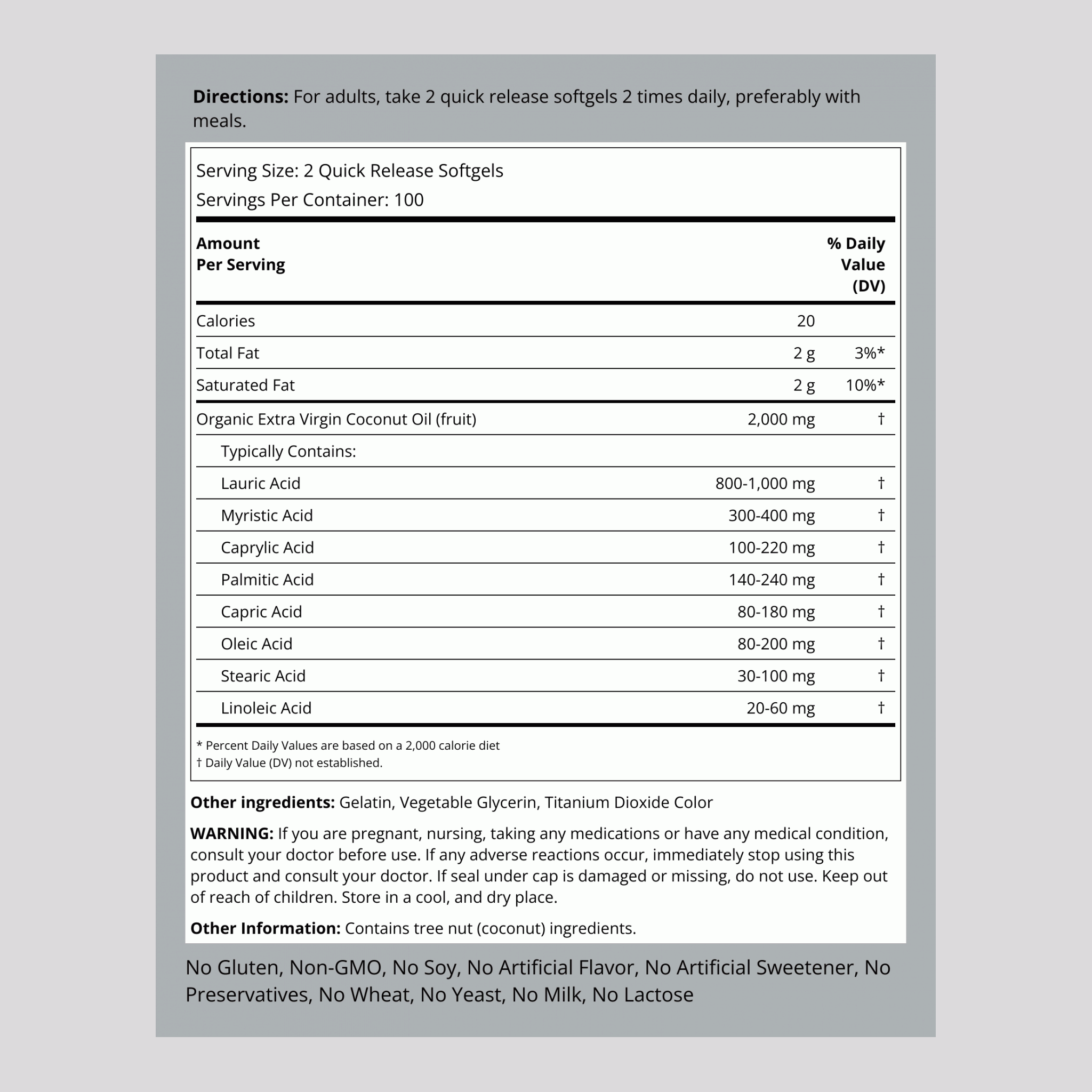 Coconut Oil (Extra Virgin), 2000 mg (per serving), 200 Quick Release Softgels