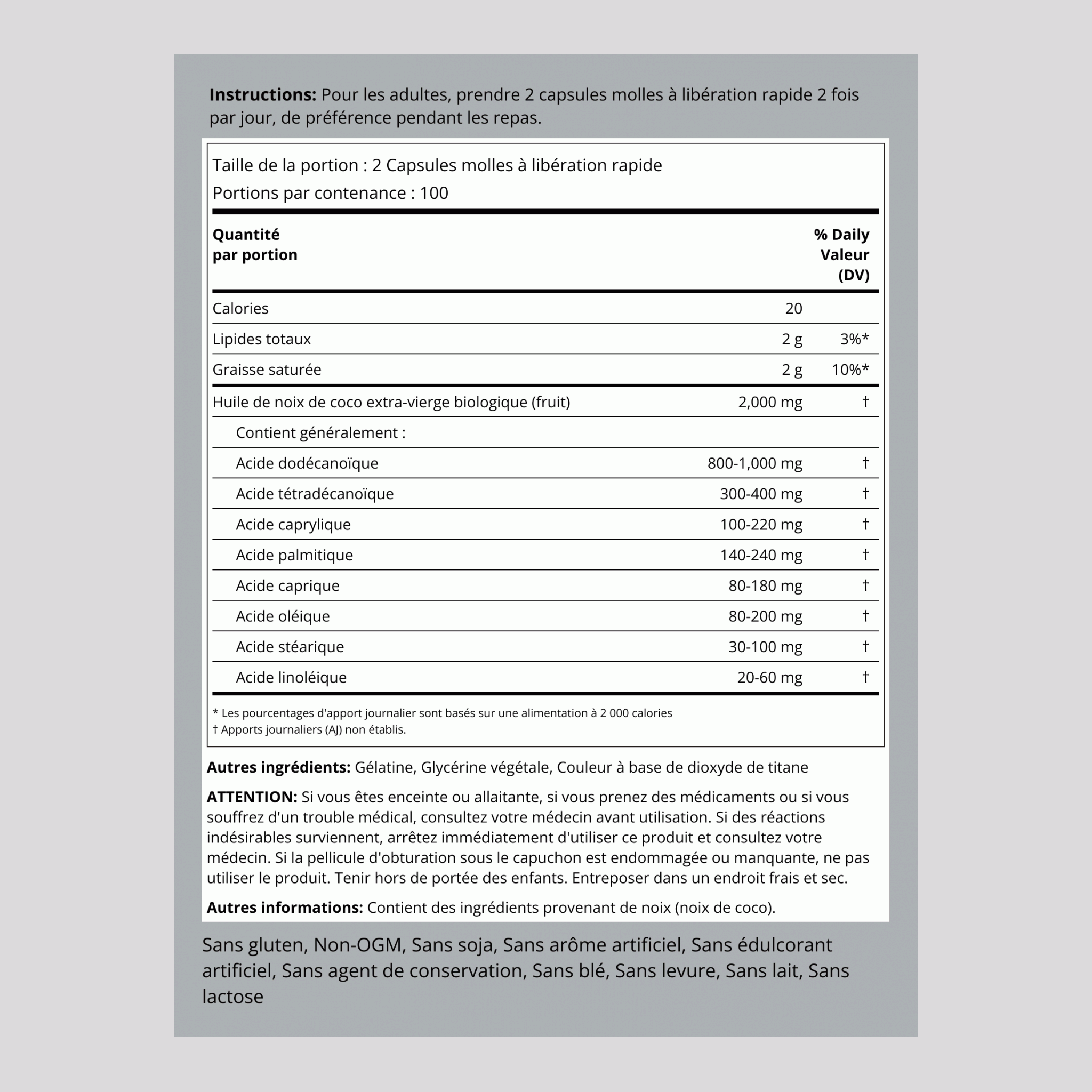 Coconut Oil (Extra Virgin), 2000 mg (per serving), 200 Quick Release Softgels