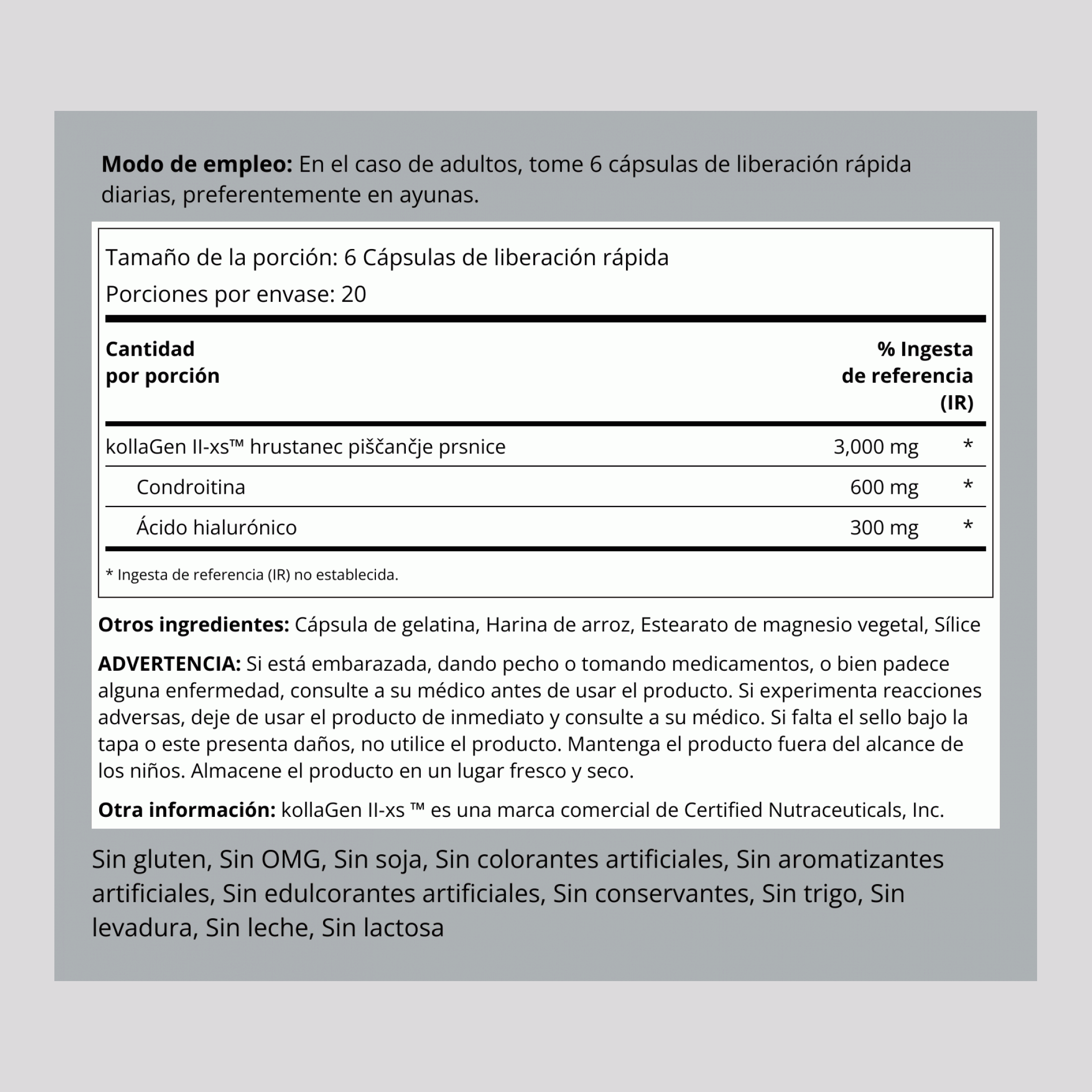 Colágeno de pollo tipo II con ácido hilaurónico 3000 mg (por porción) 120 Cápsulas de liberación rápida     