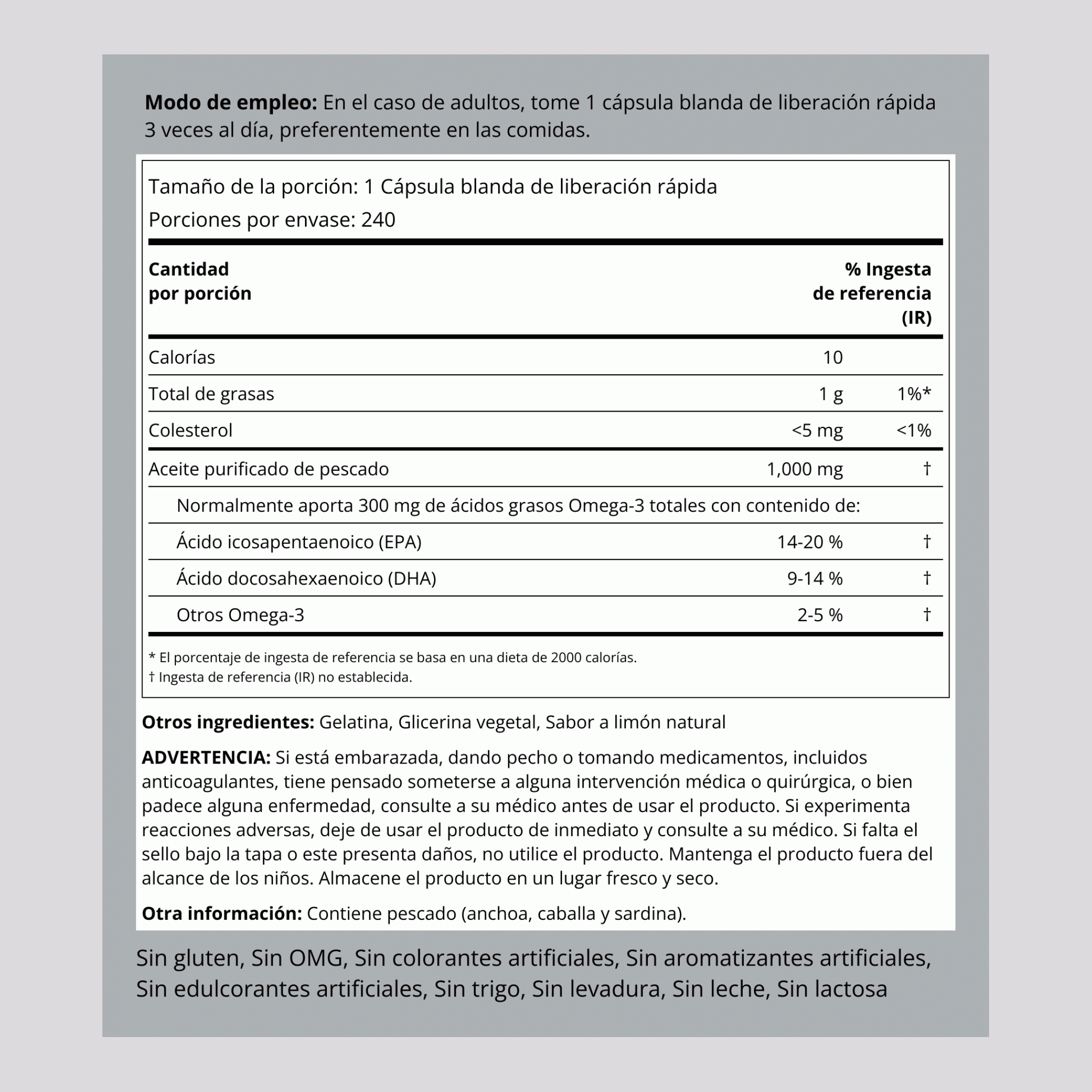 Aceite de pescado omega-3 sabor limón 1000 mg 240 Cápsulas blandas de liberación rápida     