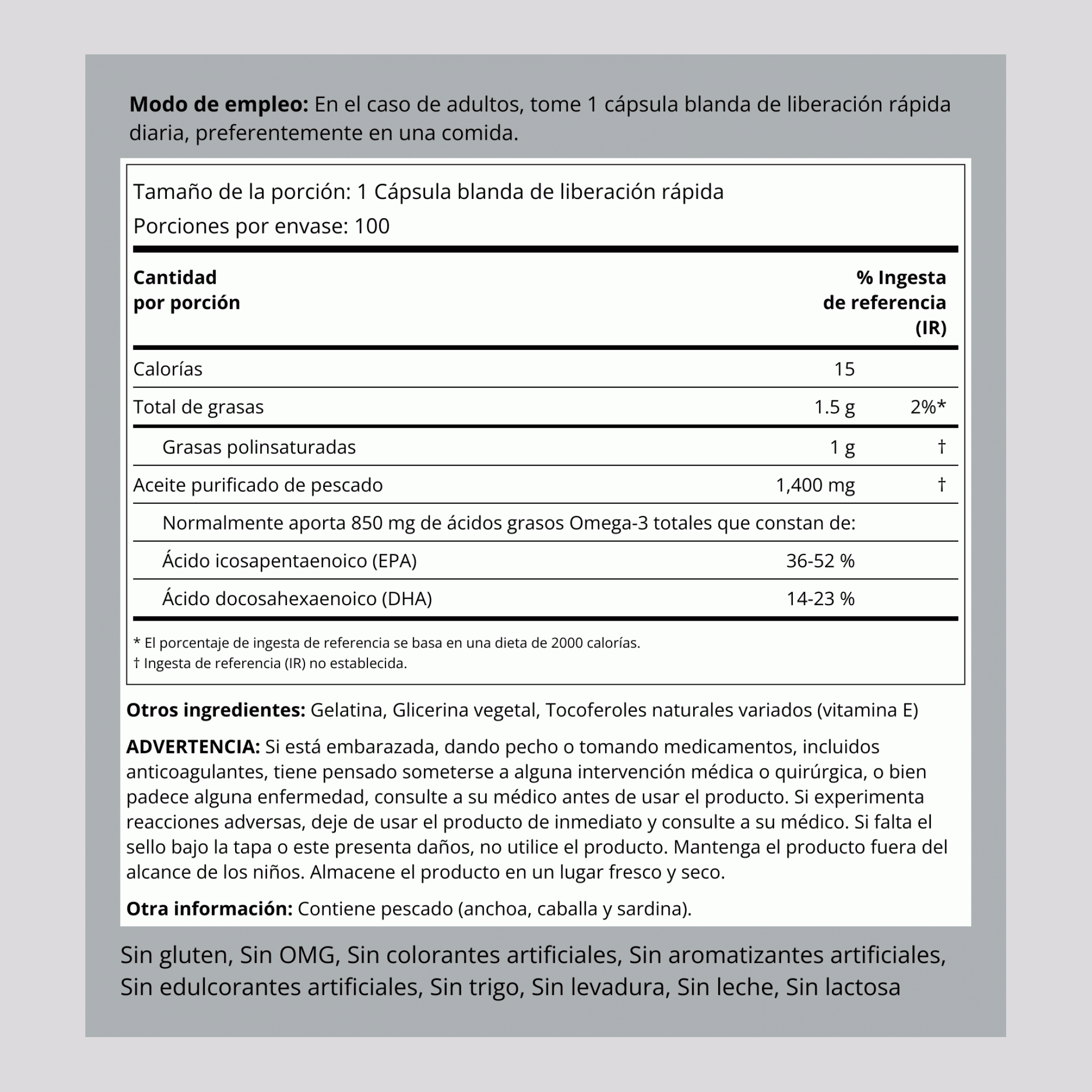 Aceite de pescado Omega-3 de triple concentración 1360 mg(900 mg de omega-3 activo) 100 Cápsulas blandas de liberación rápida       