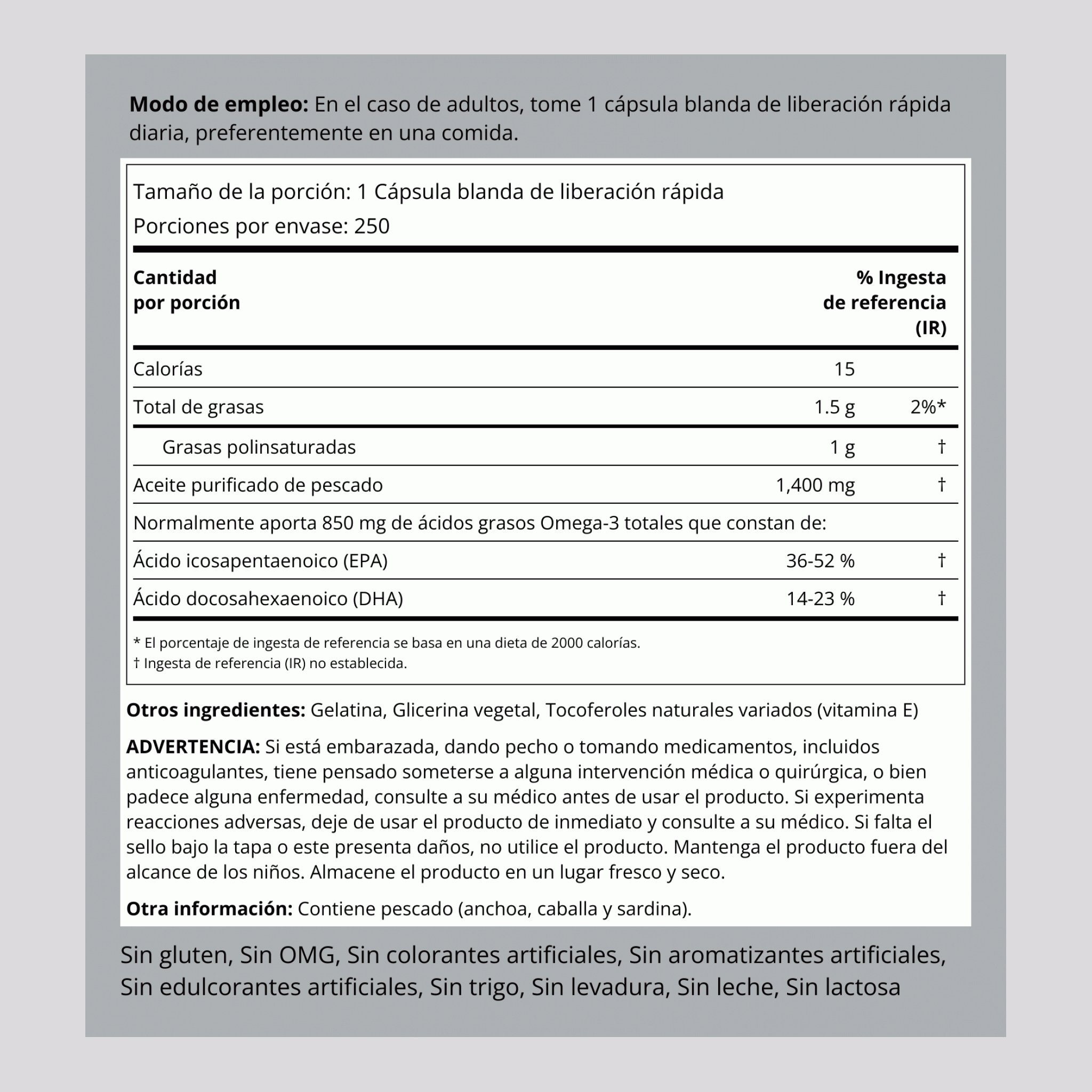 Aceite de pescado Omega-3 de triple concentración 1360 mg(900 mg de omega-3 activo) 250 Cápsulas blandas de liberación rápida       