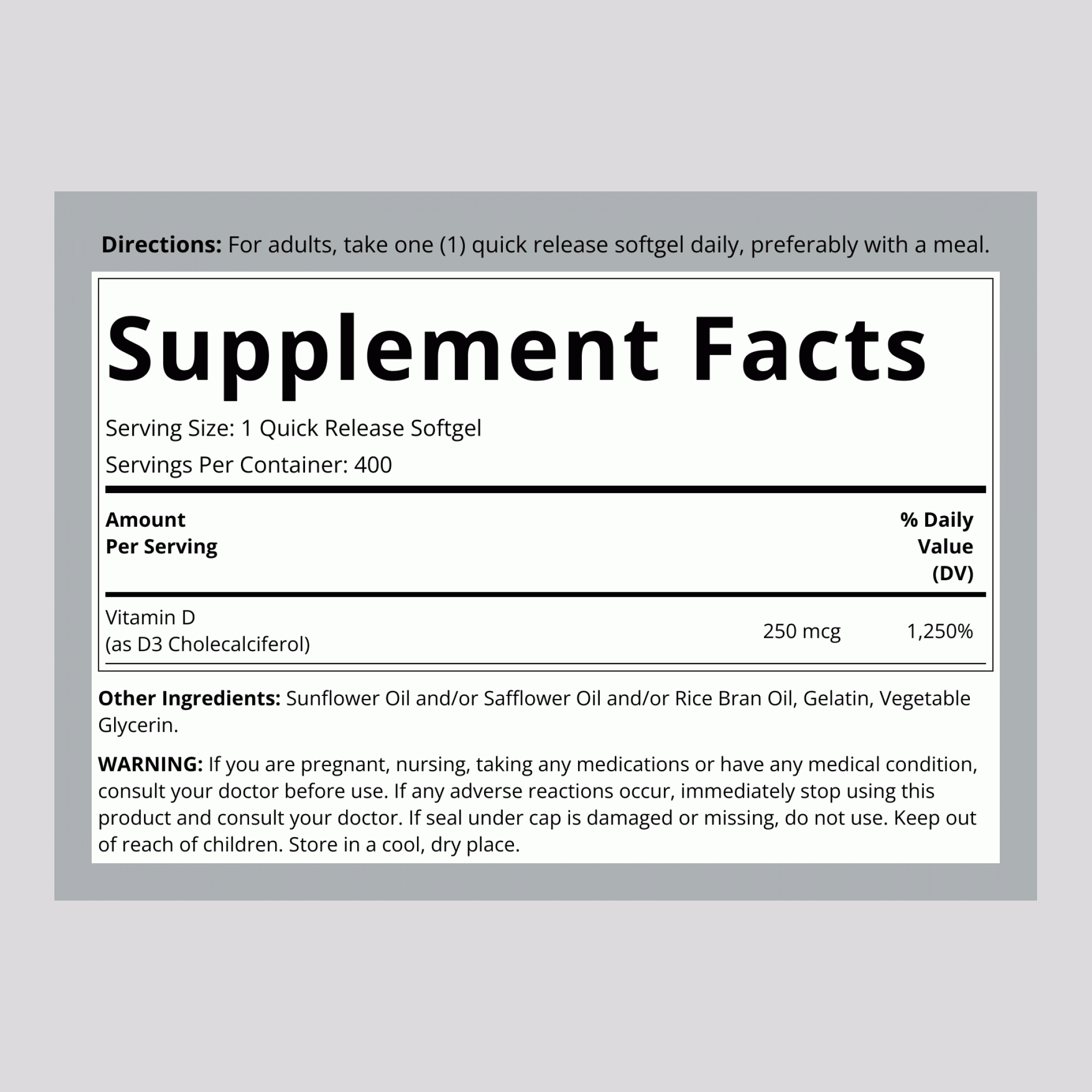 High Potency Vitamin D3, 10,000 IU, 400 Softgels